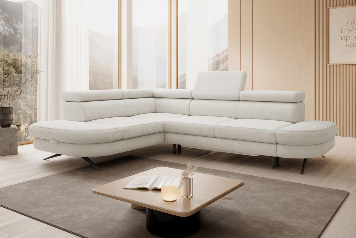 ECKSOFA OTIS L-förm, Schlaffunktion, verstellbare Kopfstützen, in AURORA-Stoff, lose Rückenkissen, freistehend, LINKS 218x276x97 cm White - Weiß, Holz/Textil (218/276cm) - DomoHome