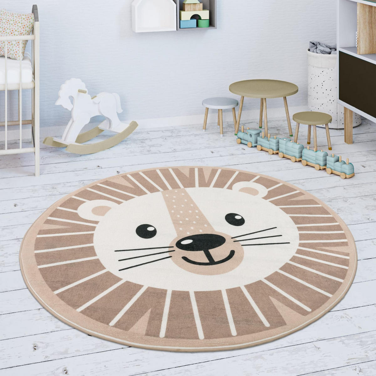 KINDERTEPPICH waschmaschinenwaschbar Löwe Kinderzimmer schmutzabweisend Beige Rund 120D - Beige, Textil (120/120cm) - KADIMA DESIGN