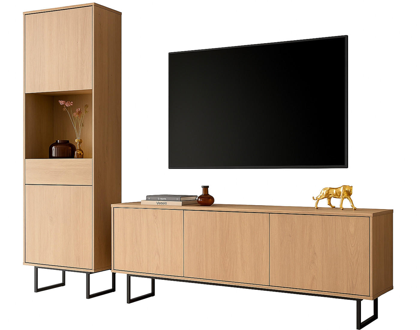 WOHNWAND Stone Eiche, Wohnkombination 2-teilig 220 cm, mit Push-to-Open - Eichefarben/Schwarz, Holzwerkstoff/Metall (220/200/40cm) - Furn.Design