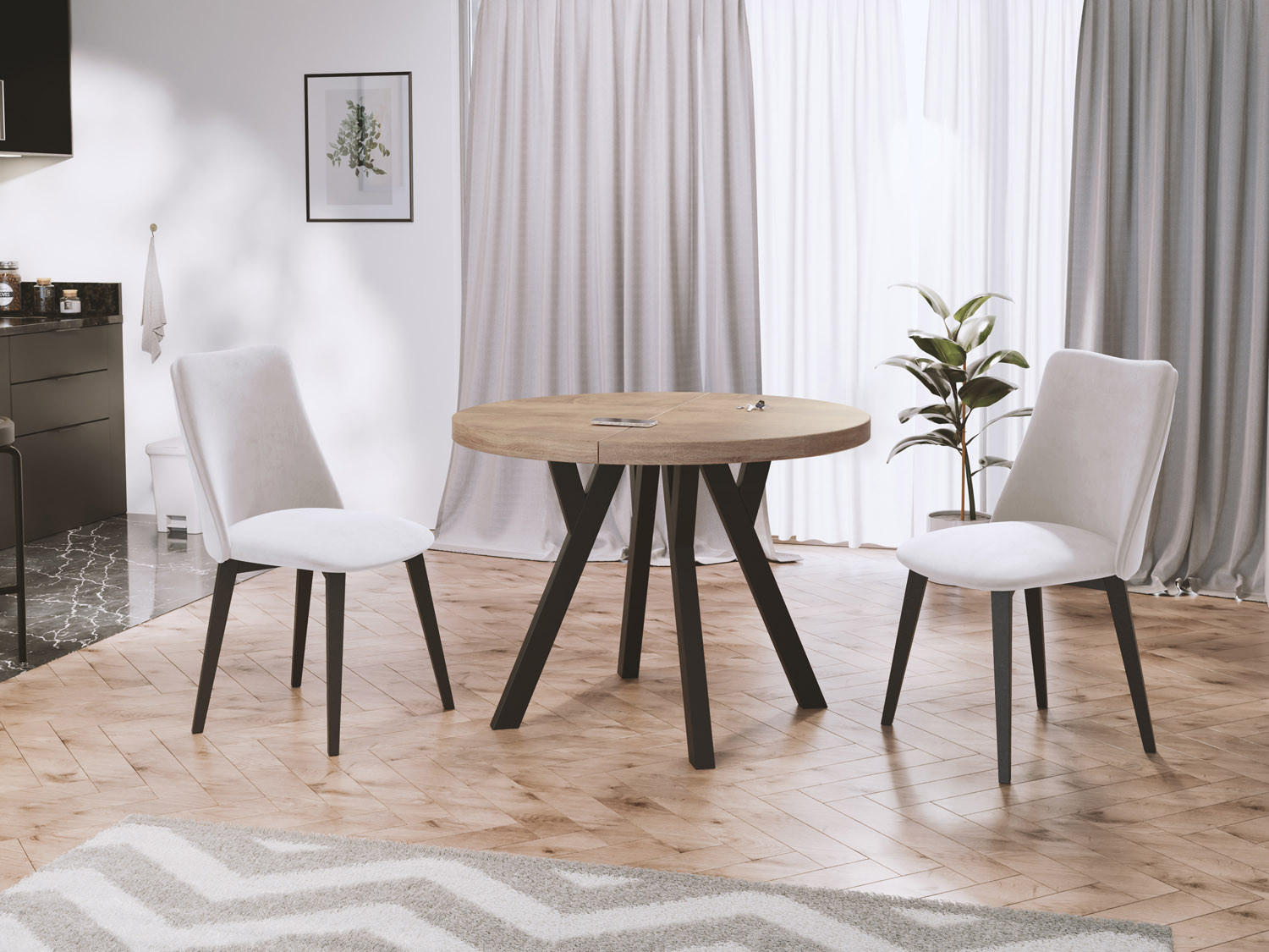 ESSTISCH Twixy runder ausziehbarer, Sonoma Eiche 100-150/100/76 cm - Schwarz/Sonoma Eiche, Holz/Holzwerkstoff (100/100/76cm) - WFL GROUP