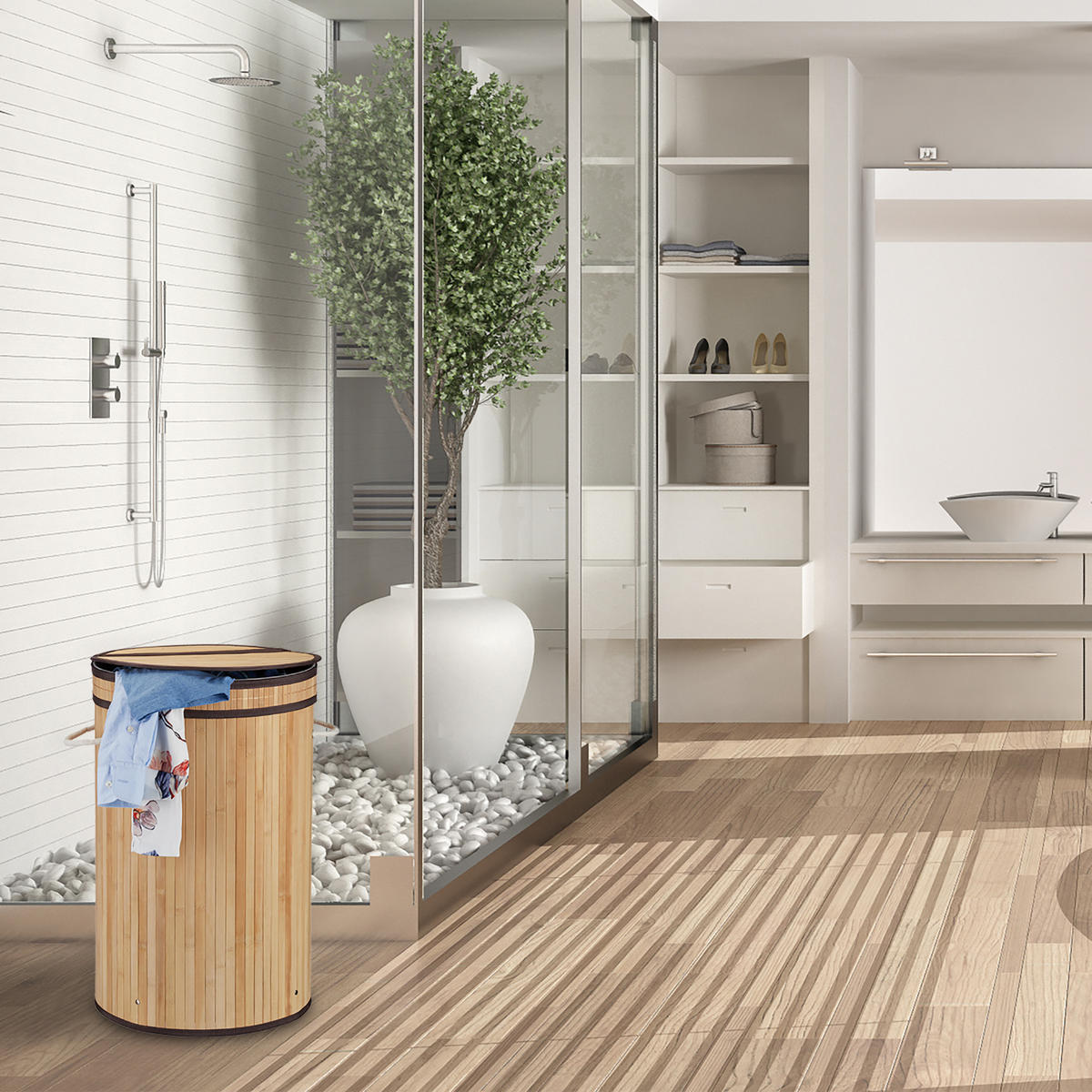 WÄSCHEKORB - Hellbraun, Holz/Textil (40/63/40cm) - Relaxdays