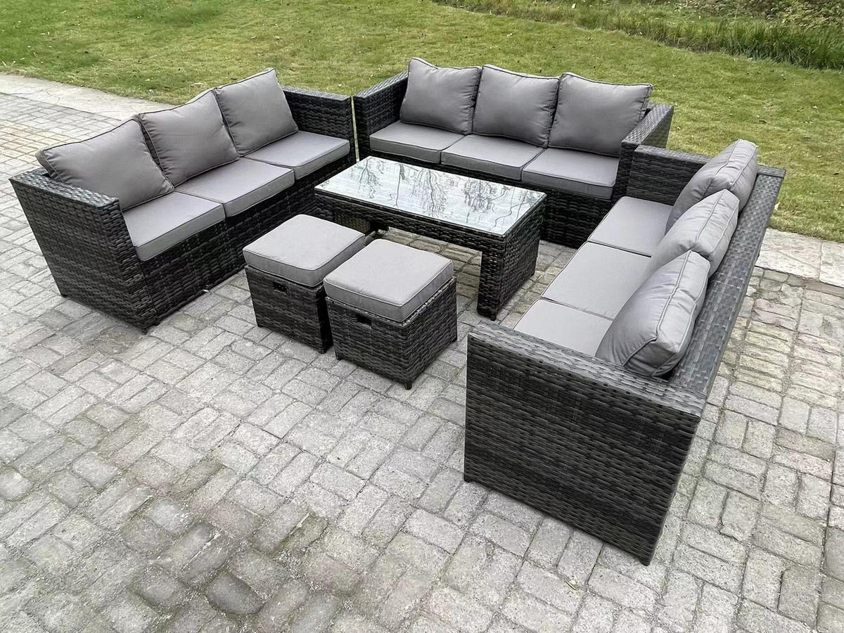 GARTENSET Polyrattan 11-Sitzer - Dunkelgrau/Grau, Glas/Kunststoff - Fimous