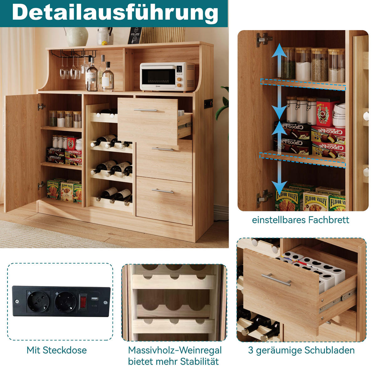 HIGHBOARD 120/40/121 cm mit Weinregal, LED & Steckdose in Natur/Weiß - Weiß, Holzwerkstoff (120/121/40cm) - BEAOK
