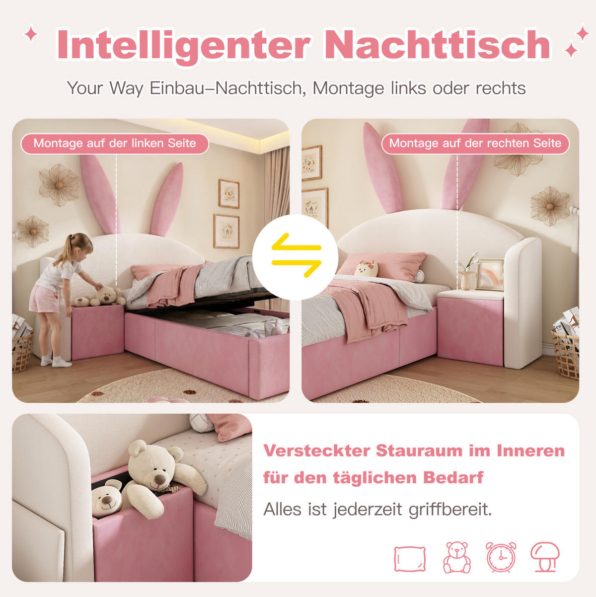 KINDERBETT mit Stauraum 90/200 cm mit hydraulischem Stauraum und Nachttisch, ohne Matratze - Pink, Textil (90/200cm) - MIVRAY