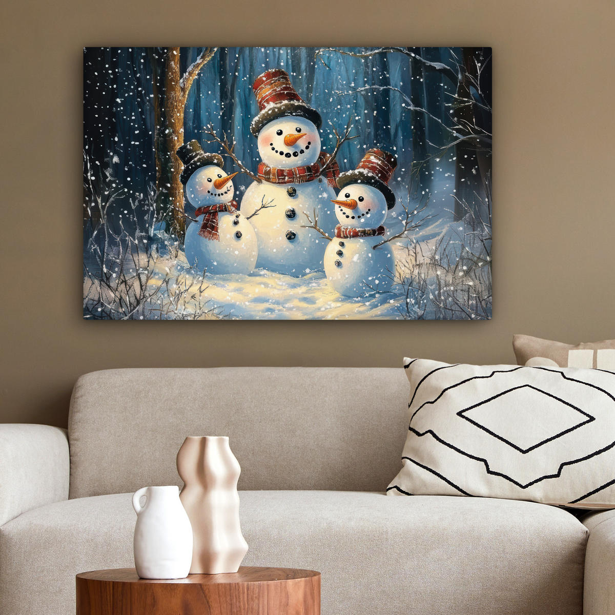 LEINWANDBILD Schneemann - Schnee - Winter - Wald Wanddeko 90x60 cm - Hellblau, Textil (90/60cm) - MuchoWow