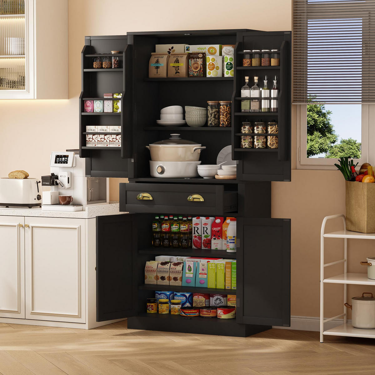 GESCHIRRSCHRANK 80/40/182 cm Schwarz mit 4 Türen, 1 Schublade und 6 Staufächer - Schwarz, Holz (80/182/40cm) - Oxeza