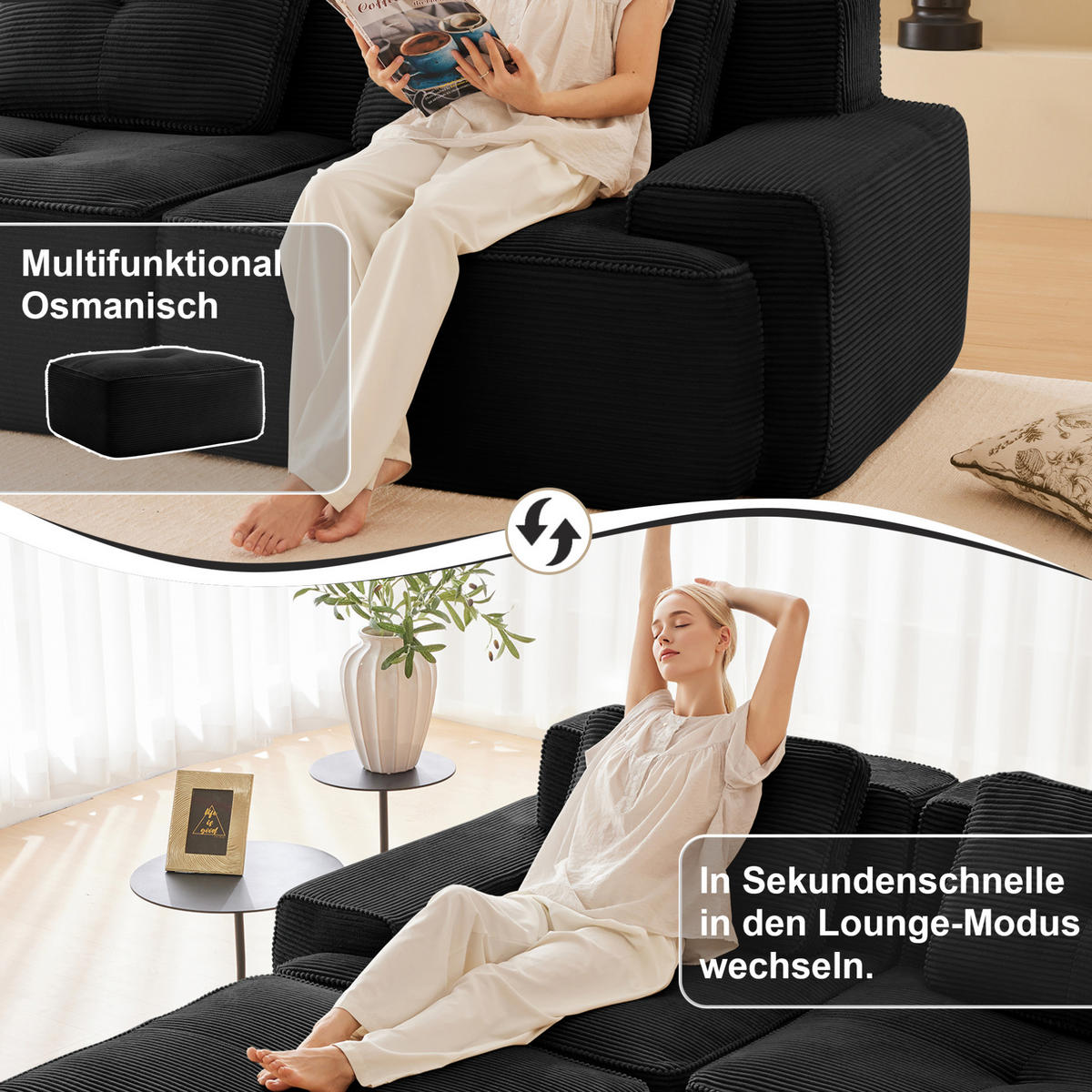 ECKSOFA 204/177/69 cm schwarz aus Cord mit Tiefsitz und boneless Design - Schwarz, Textil (177/204cm) - OKWISH