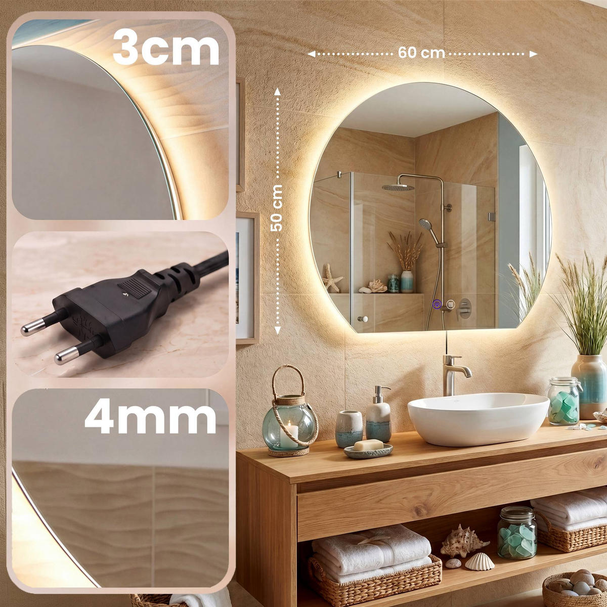 BADEZIMMERSPIEGEL flach 60/3/50 cm Glas Klarglas - Klar, Glas (60/50/3cm) - CLP