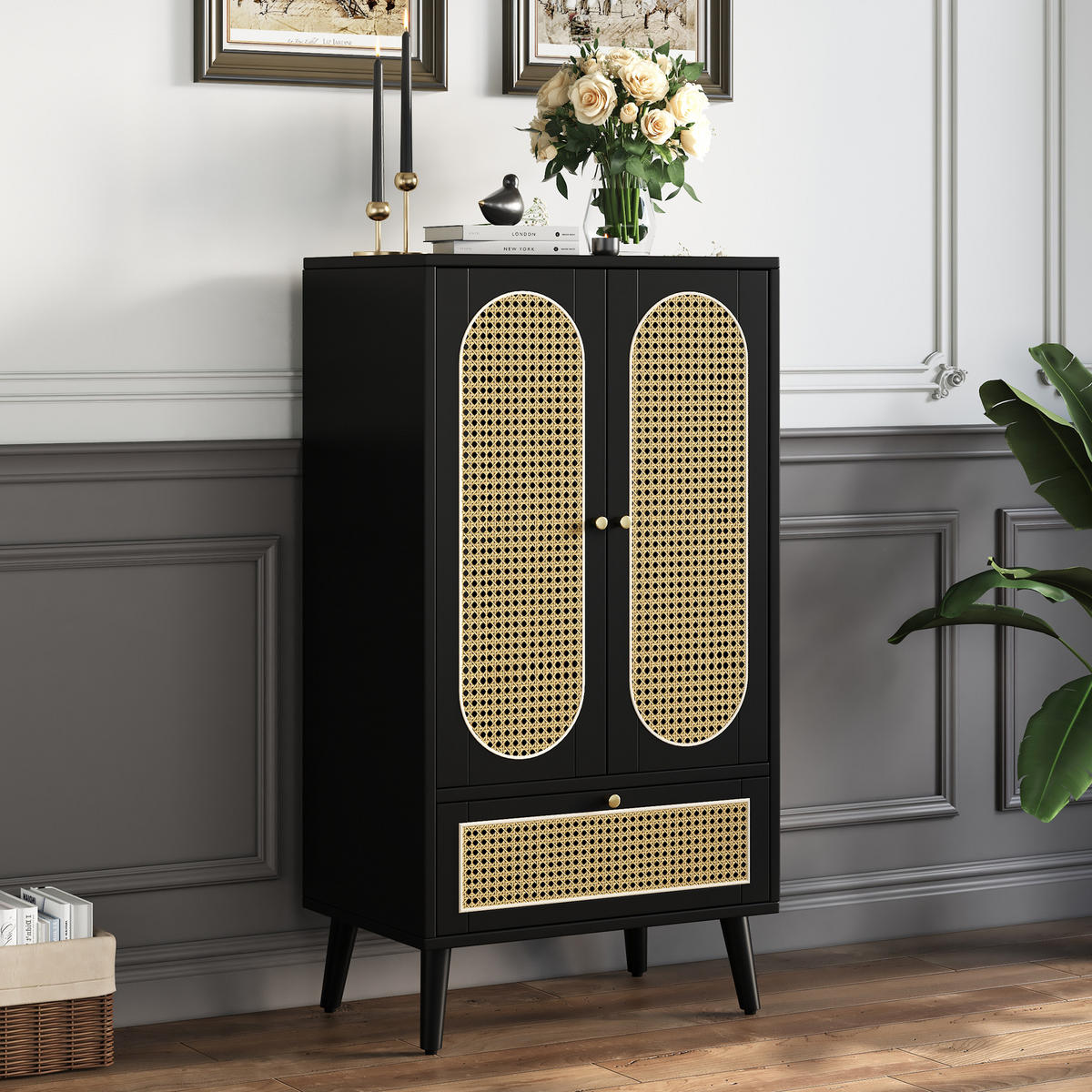 SIDEBOARD Rattan 2 Türen 1 Schublade Schwarz 1 1m - Schwarz, Holzwerkstoff (40/110.5/60cm) - FLIEKS