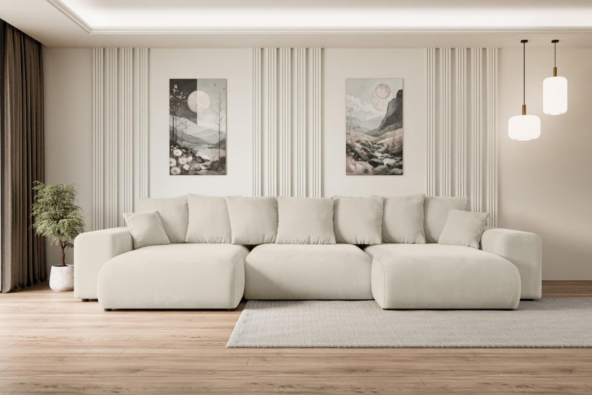 WOHNLANDSCHAFT mit Schlaffunktion und Bettkasten ESKAR-U -352x165x84cm Beige Velours - Beige/Schwarz, Holzwerkstoff/Kunststoff (352/84/165cm) - ALTDECOR
