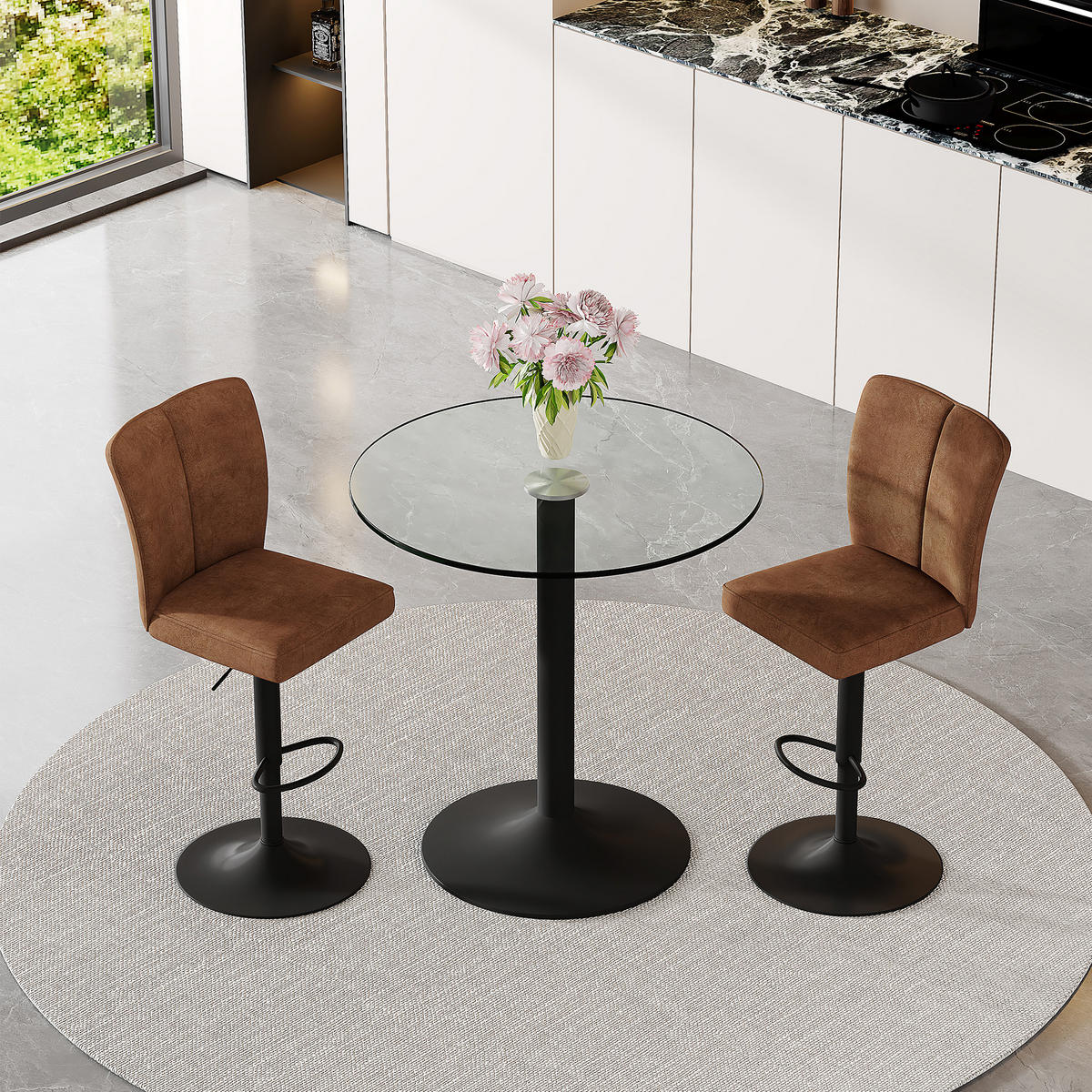 BARTISCH-SET DE-39422 3-teilig, Glastisch und 2 Hocker Braun - Braun, Metall (89/60/92cm) - ComfortXL