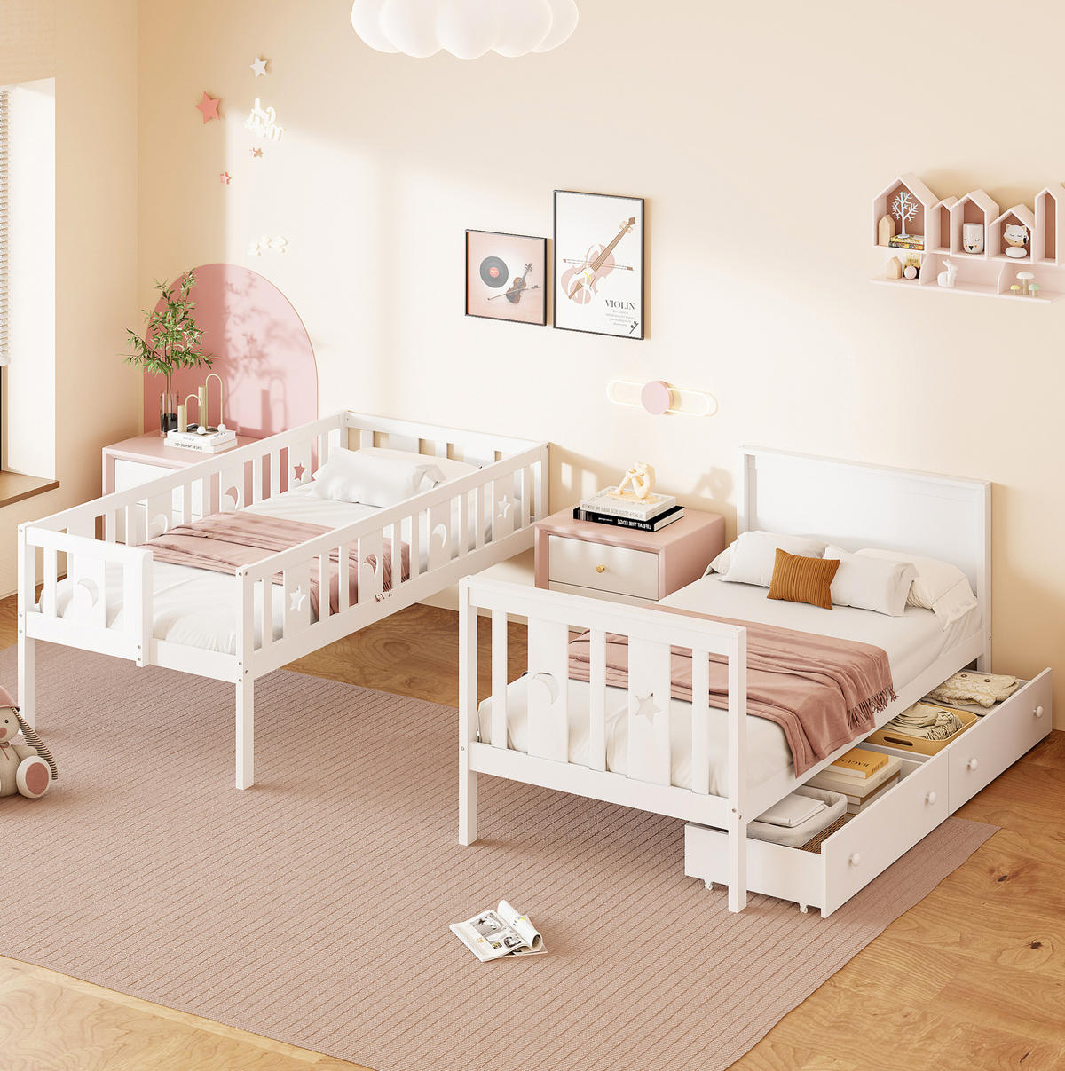 POSCHODOVÁ posteľ 90/200 cm biela s úložnými schodmi a 2 zásuvkami z borovicového dreva a MDF - biela, drevo (90/200cm) - OKWISH