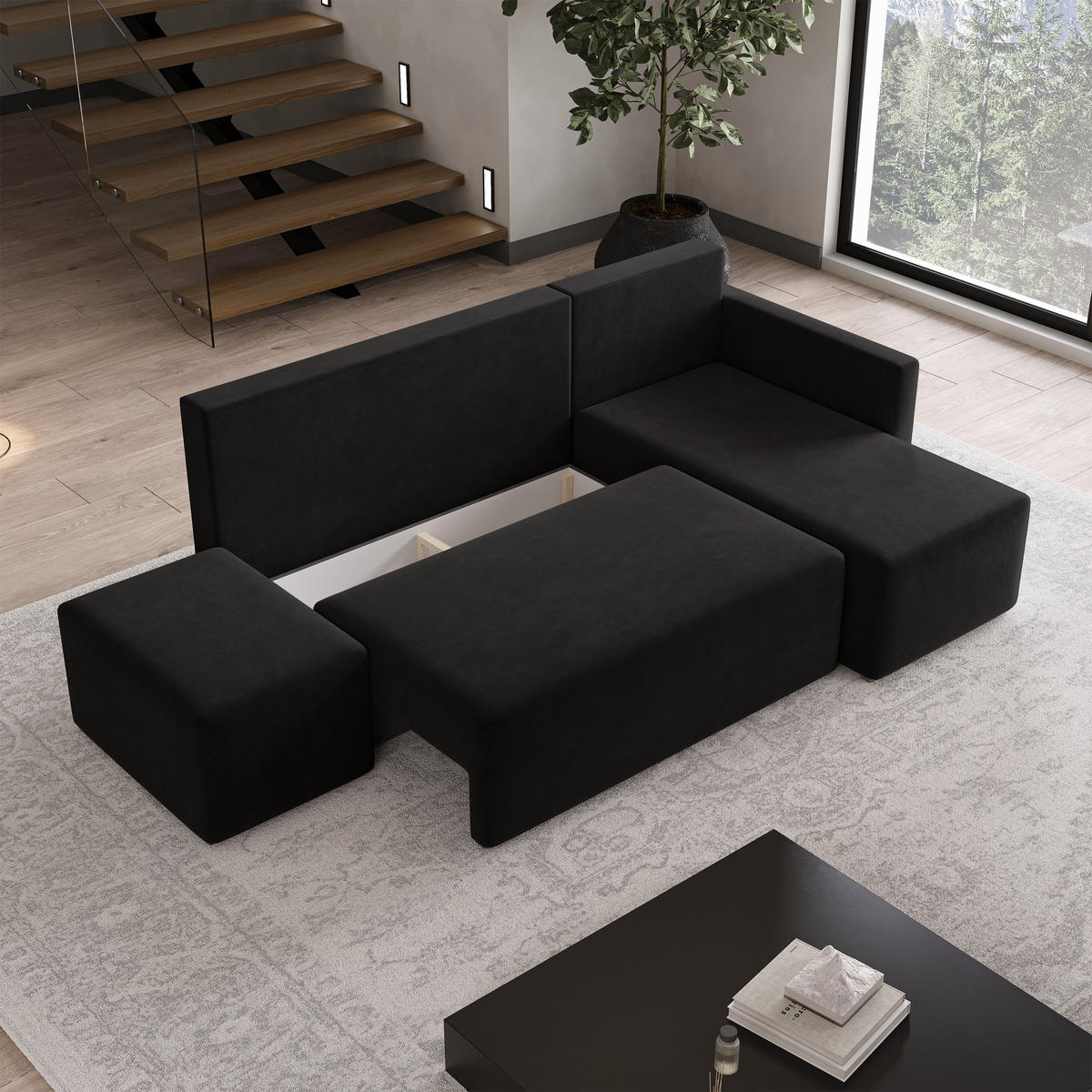 ECKSOFA VELOTTI R-S Schwarz Plüsch-Stoff mit Schlaffunktion - Schwarz, Holz (261/143cm) - MASSENO