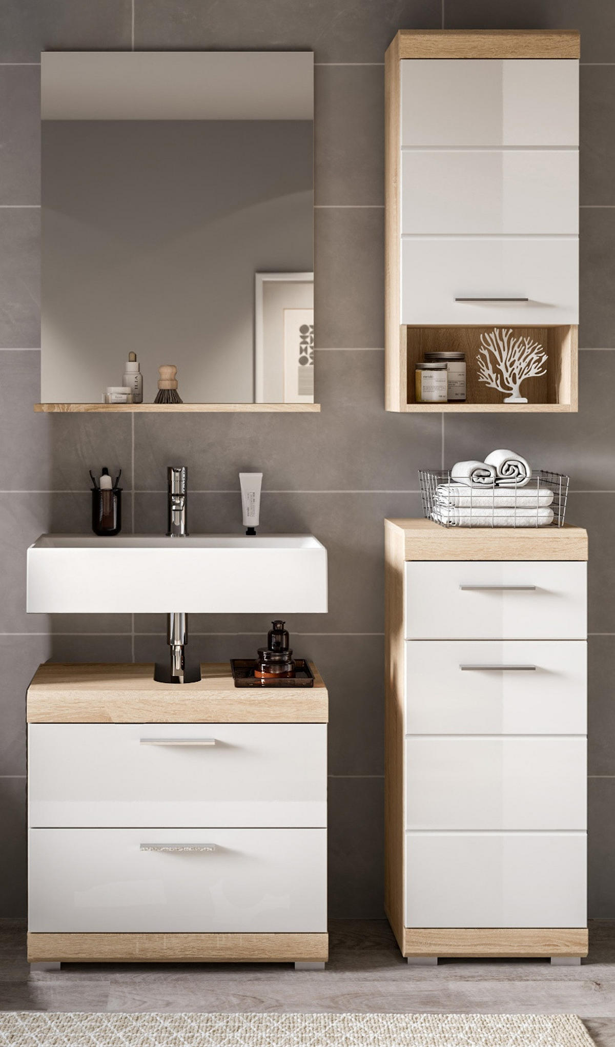 BADMÖBEL-SET weiß Hochglanz, Eiche 4-teilig 112 cm, Kombination mit viel Stauraum - Weiß Hochglanz/Eichefarben, Glas/Holzwerkstoff (112/191/37cm) - Inn.Furn