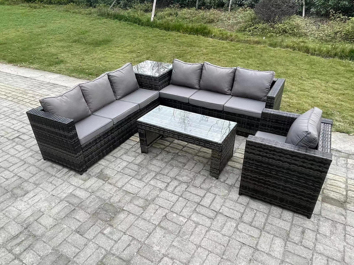 GARTENSOFA-SET MIT COUCHTISCH LOUNGE SOFA Polyrattan Outdoor 7-Sitzer - Dunkelgrau/Grau, Glas/Kunststoff - Fimous