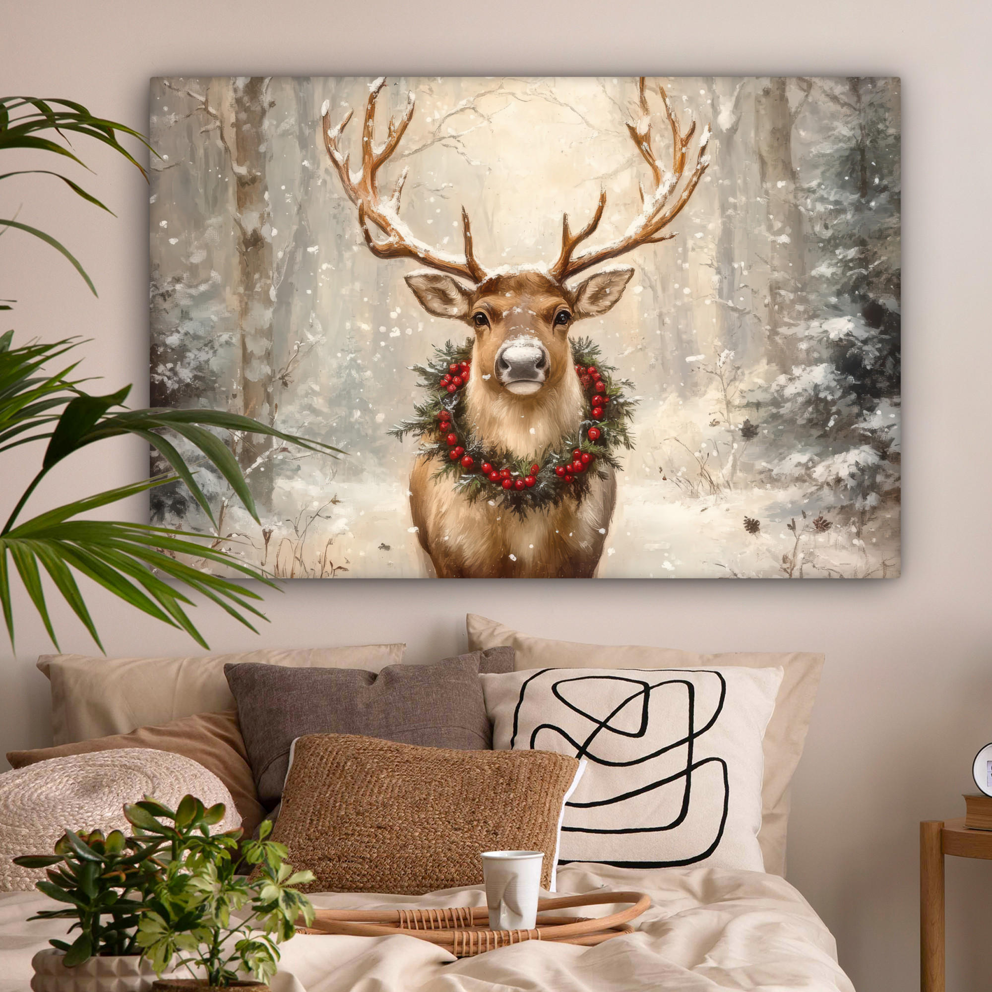 LEINWANDBILD Weihnachten - Rentier - Winter - Kranz Wohnzimmer 120x80 cm - Naturfarben, Textil (120/80cm) - MuchoWow