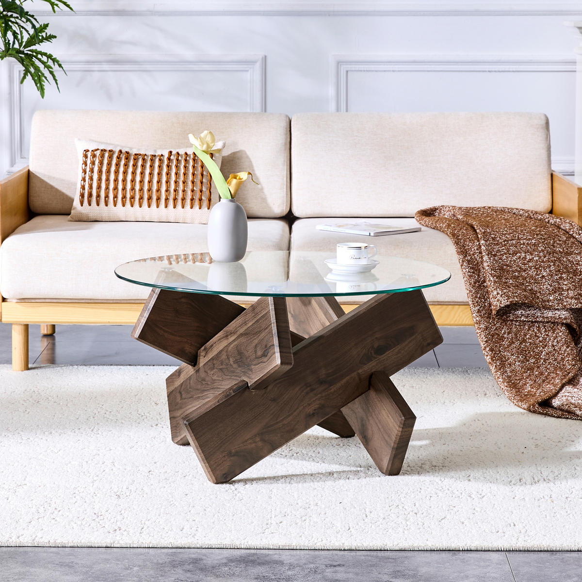 KLUBSKA miza iz MDF-ja in stekla, Ø 79/45 cm prozorna/oreh - prozorna, leseni material (79/79/45cm) - BEAOK