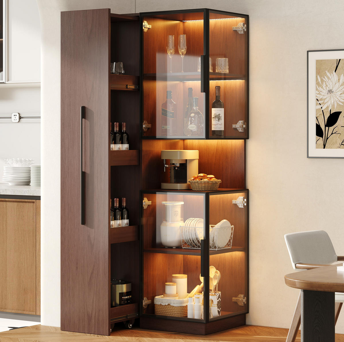 VITRINE aus MDF & Glas 70x38x160cm in Walnussfarben mit LED - Walnussfarben, Holzwerkstoff (70/160/38cm) - Modfu