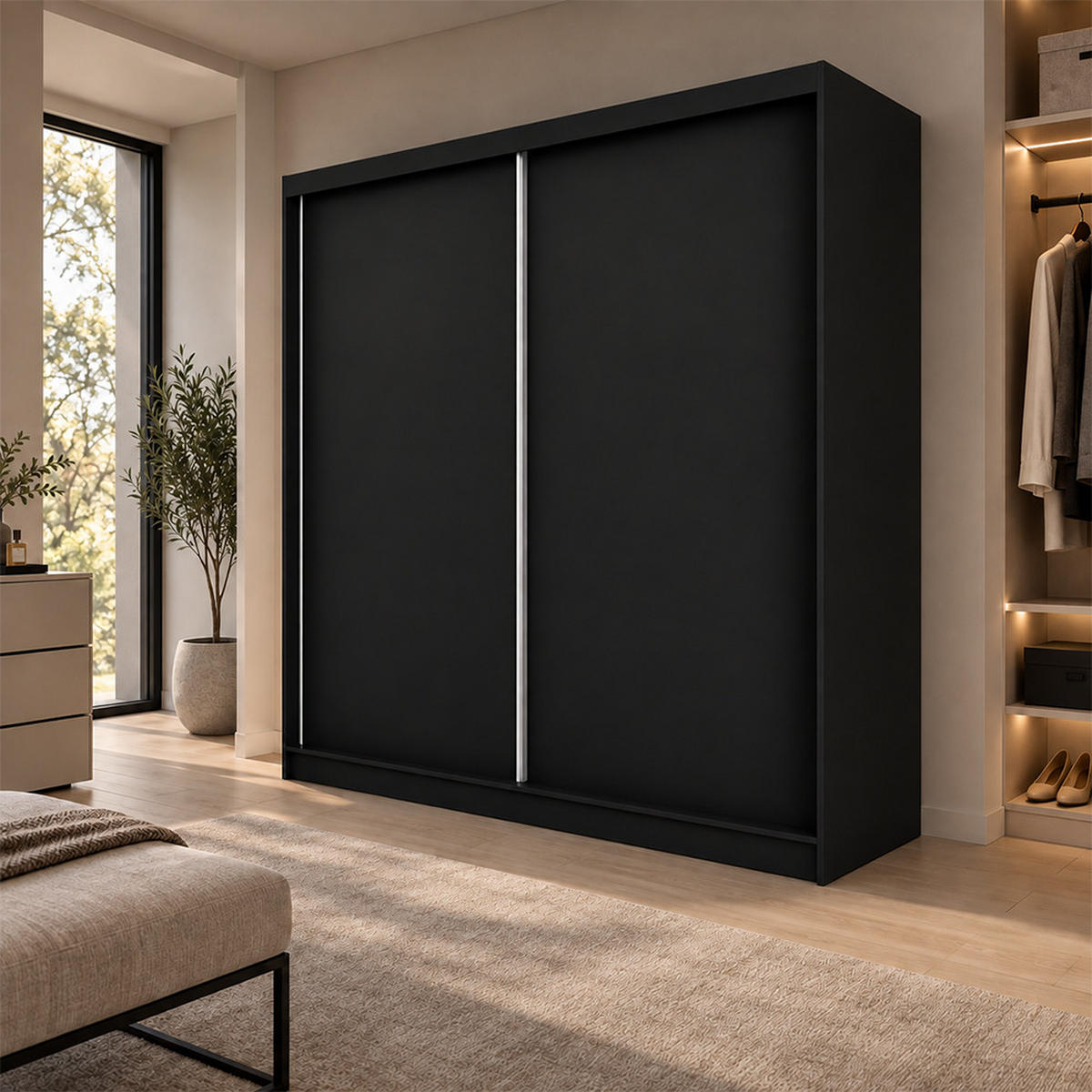 KLEIDERSCHRANK Steria 200 cm Schwarz Griffe silber - Schwarz, Holzwerkstoff (200/216/61cm) - KS Home Concept