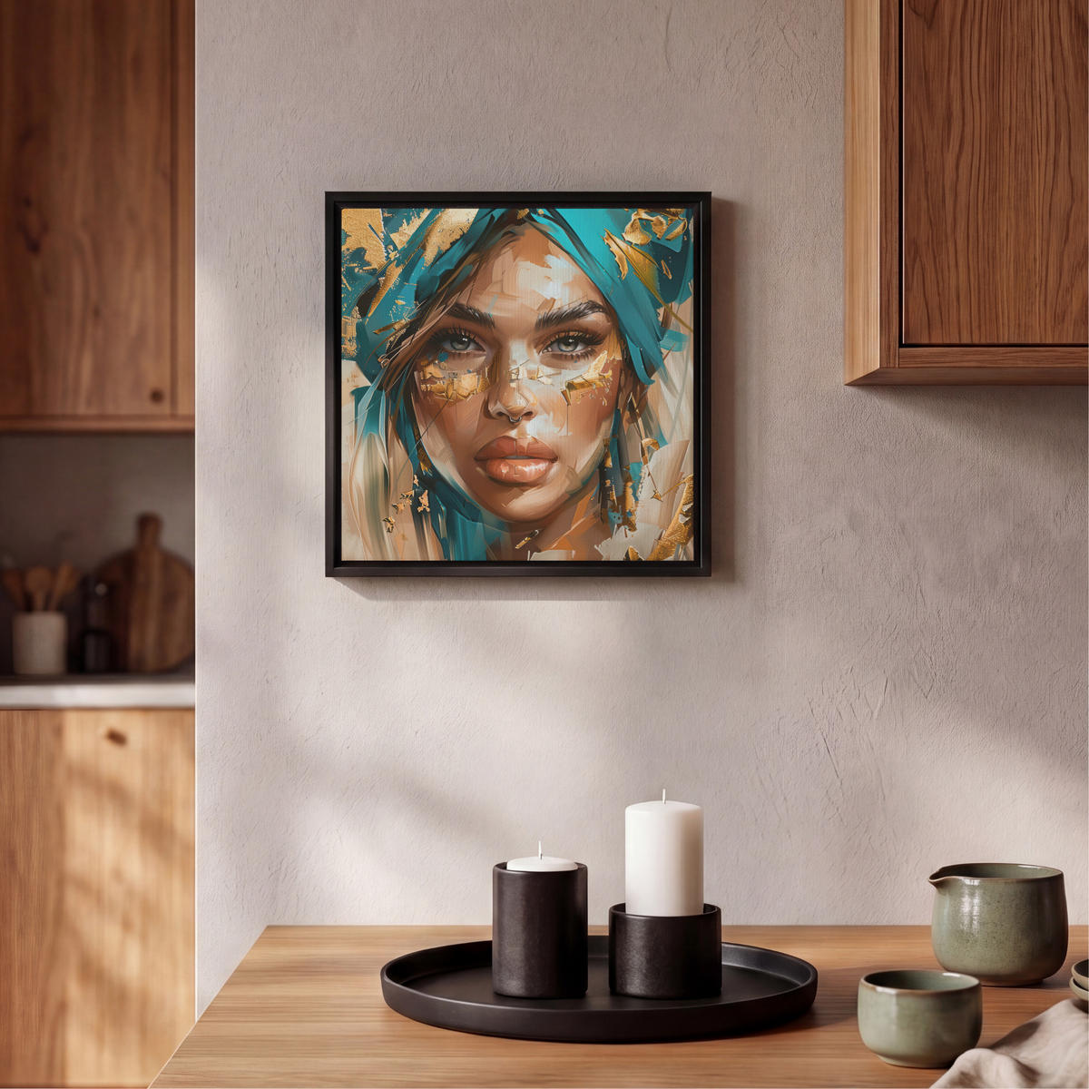 LEINWAND Bilder mit Rahmen - Frau - Porträt - Gold - Luxus - Blau - 20x20 - Türkis, Textil (20/20cm) - MuchoWow