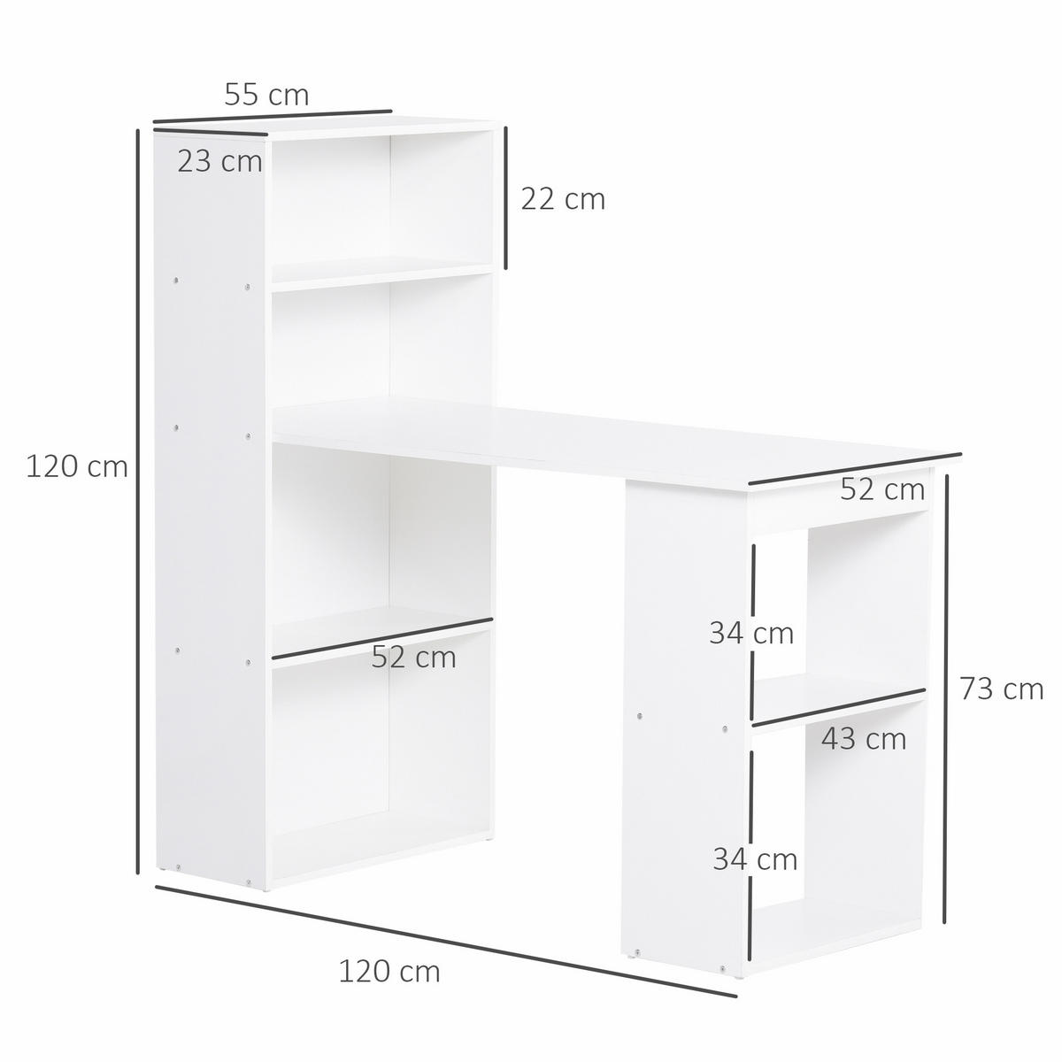 SCHREIBTISCH, Spanplatte, Weiß, 120 x 55 x 120 cm - Weiß, Holzwerkstoff (120/55/120cm) - HOMCOM