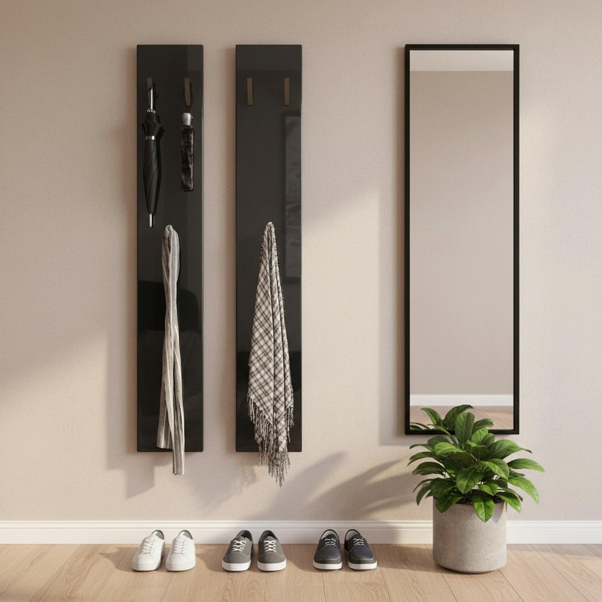 GARDEROBENPANEEL Roma M140, Moderne Wandgarderobe mit 6 Kleiderhaken, Made in Germany, Wandpaneel für Flur, Schwarz Hochglanz (24 x 140 x 2 cm) - Schwarz Hochglanz, Holzwerkstoff (24/140/2cm) - InnoFurn