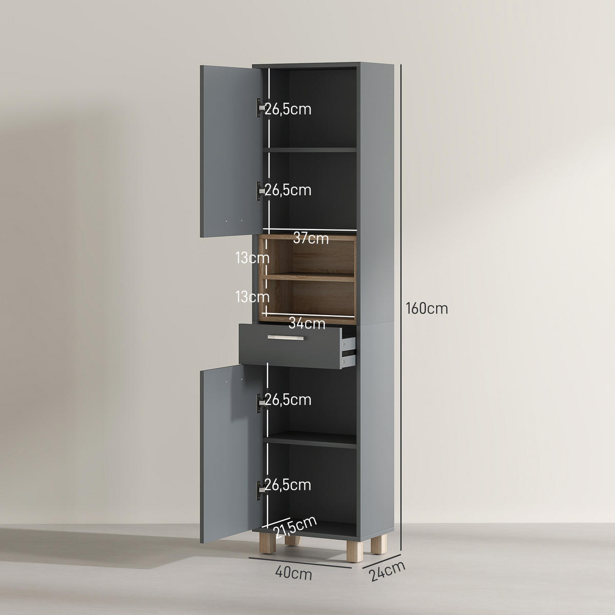 HOCHSCHRANK DE-12439 40/24/160 cm Grau - Grau, Holzwerkstoff (24/160/40cm) - ComfortXL