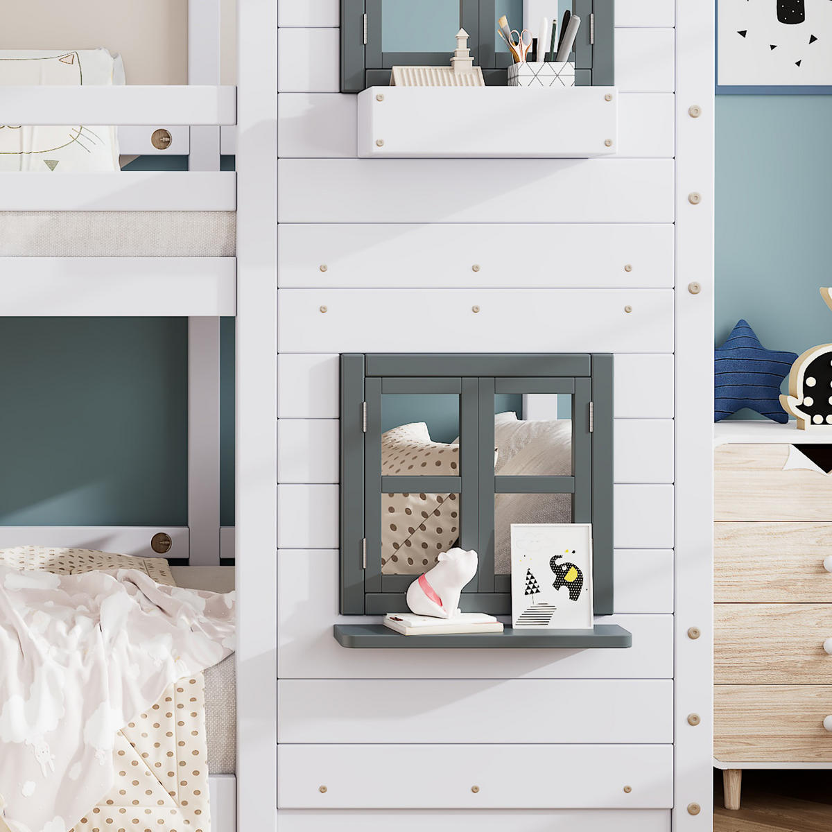 ETAGENBETT 90/200cm mit Handlauf und Fenster Weiß aus Kiefernholz - Weiß, Holzwerkstoff (90/200cm) - OKWISH