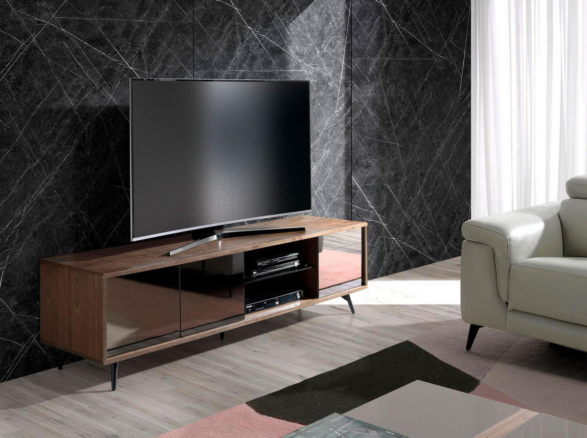 TV-ELEMENT TV-Möbel aus schwarzem Glas, Nussbaum und schwarzem Stahl mit Spiegeleffekt 180/45/50 cm - Transparent/Walnussfarben, Holz (180/50/45cm) - ANGEL CERDA