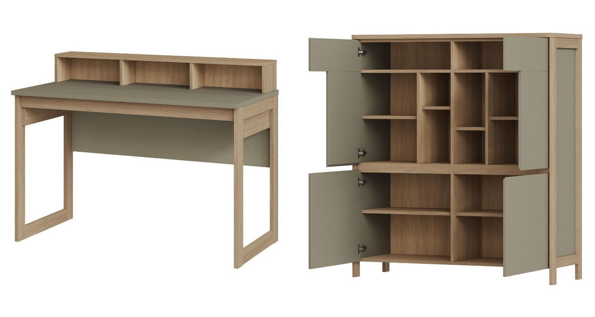 WOHNKOMBINATION Salbei grün, Eiche mit Highboard und Schreibtisch skandinavisch, Soft-Close - Salbeigrün/Eichefarben, Glas/Holzwerkstoff (246/125/60cm) - Furn.Design