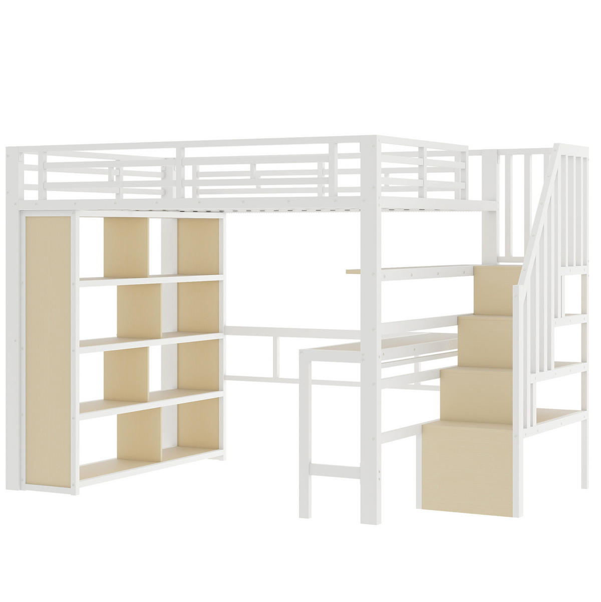 HOCHBETT 140/200 cm in Weiß mit Schreibtisch, Stauraumtreppe und LED-Beleuchtung - Weiß, Metall (140/200cm) - Flora Grace