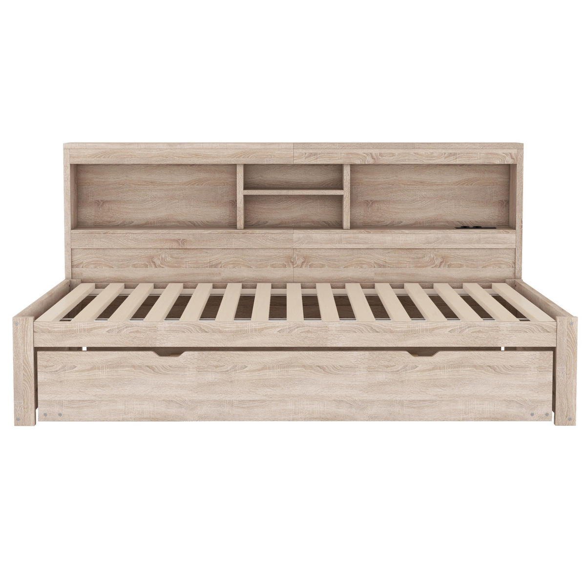 TAGESBETT aus Spanplatte und MDF 90x200 cm Natur mit LED-Beleuchtung, USB-Anschluss, Steckdose, Ausziehbett und Stauraum - Naturfarben, Holzwerkstoff (90/200cm) - Modfu