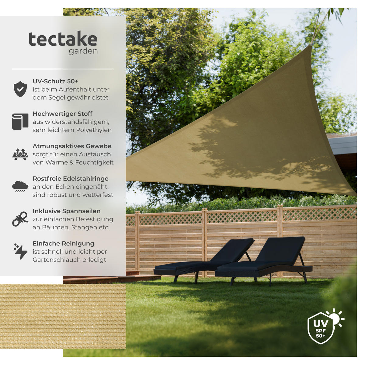 SONNENSEGEL , inklusive Spannseile, beige - Beige, Kunststoff (600/600cm) - tectake