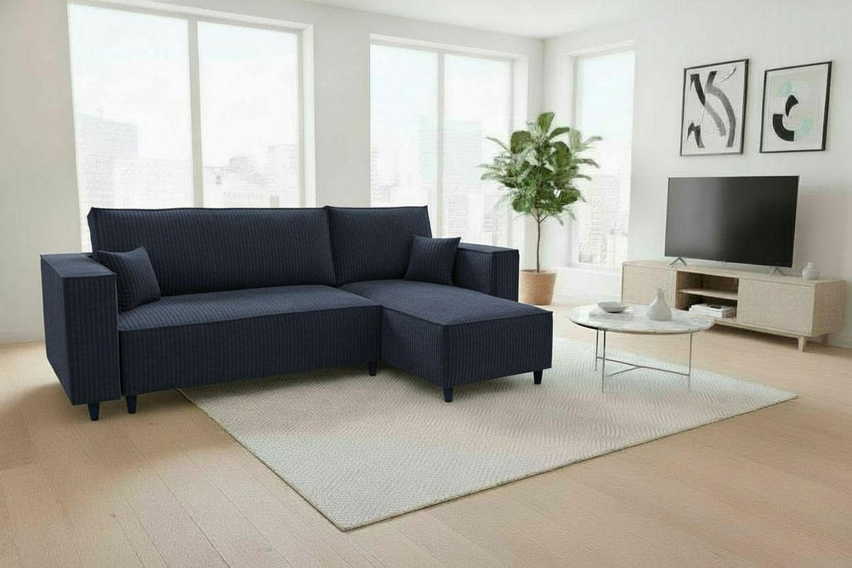 ECKSOFA RIO mit Schlaffunktion und Bettkasten, Farbe: Blau, Cordstoff, Ottomane Universal - Blau, Textil (249/142cm) - Marpur