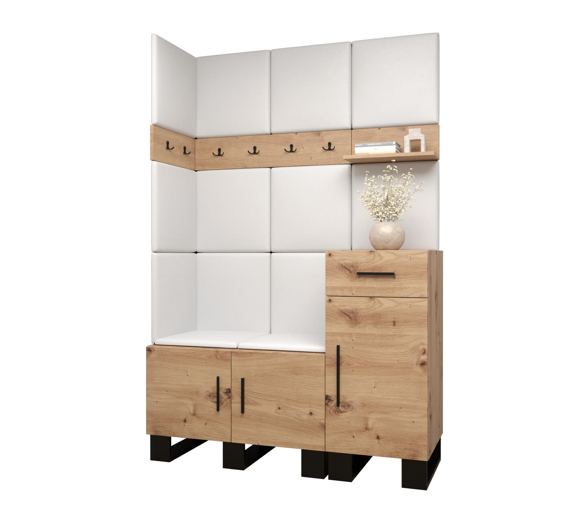 Abiks Möbel Garderoben-Set Eiche Artisan, Weiß 126x196x45.6 cm