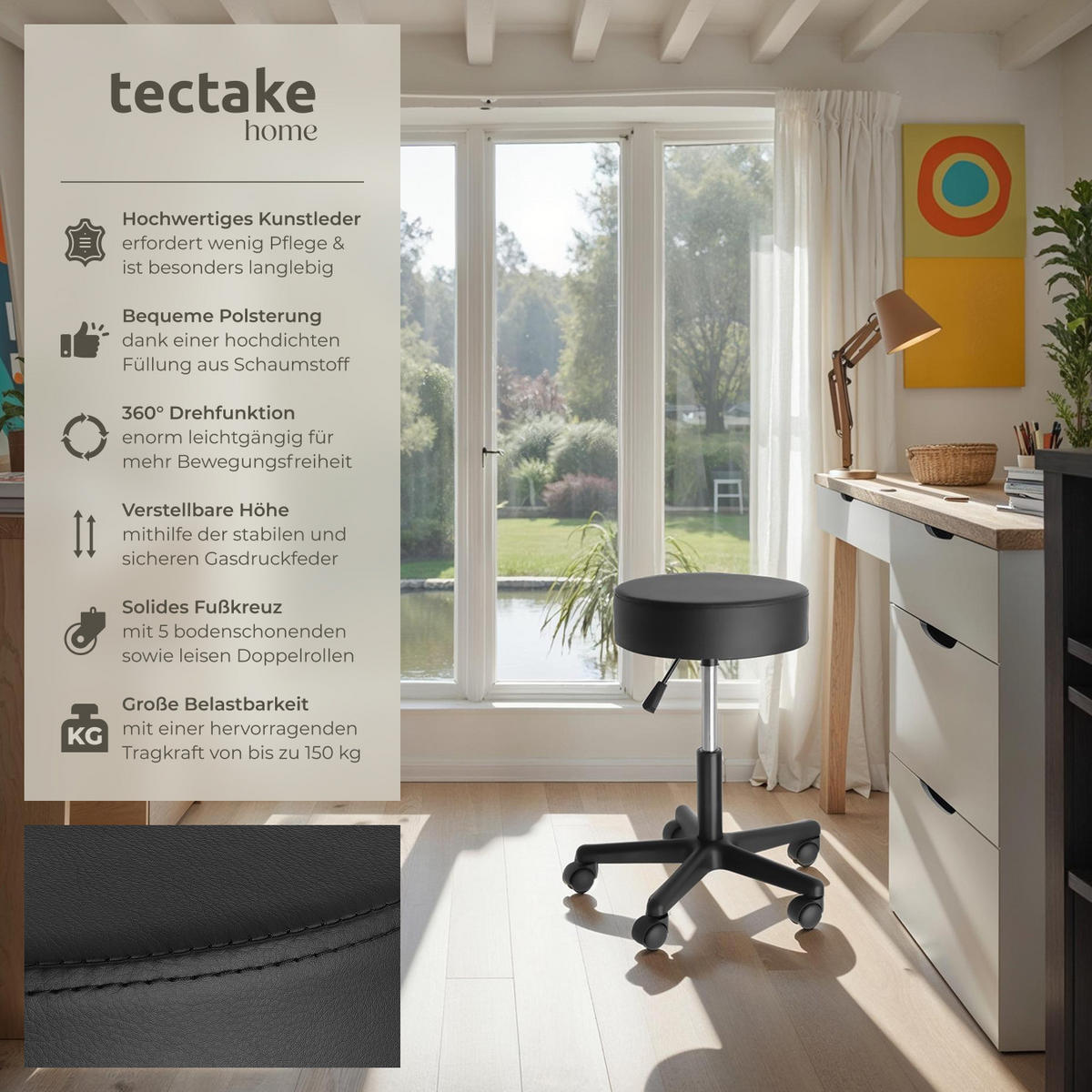 ROLLHOCKER Werner,Belastbarkeit 150 kg,schwarz - Schwarz, Textil (48/63/48cm) - tectake