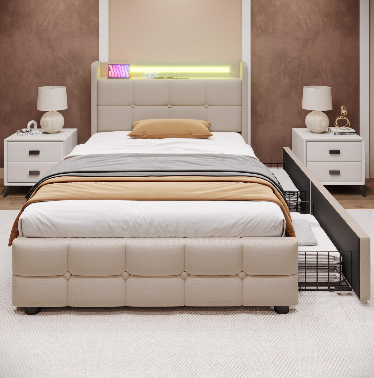 POLSTERBETT 90/200 cm mit USB, Steckdosen, LED-Beleuchtung, 2 Schubladen und Leinenbezug, Beige - Beige, Holz (90/90cm) - Redom