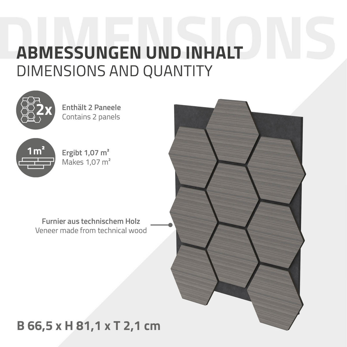AKUSTIKPANEEL Echtholz 2er Set Grau Hexagon - Grau, Holzwerkstoff (2.1/81.1/66.6cm) - ML-DESIGN