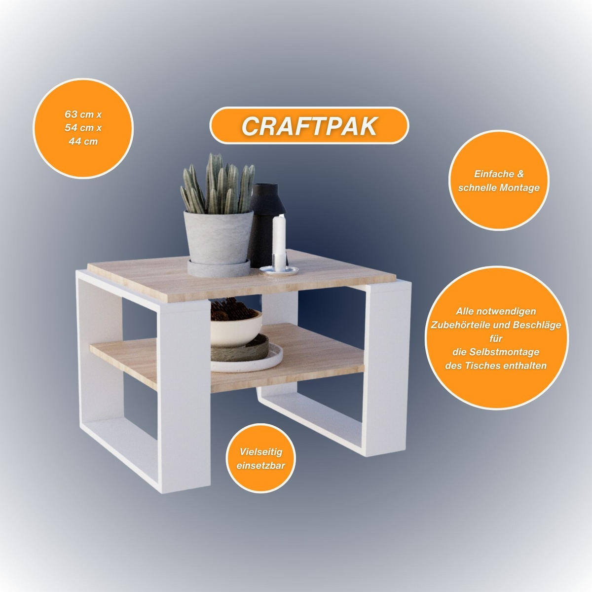 COUCHTISCH Holzwerkstoff rechteckig stabil Sonoma Eiche 44/54/63cm - Weiß/Sonoma Eiche, Holzwerkstoff (54/63/44cm) - CraftPAK