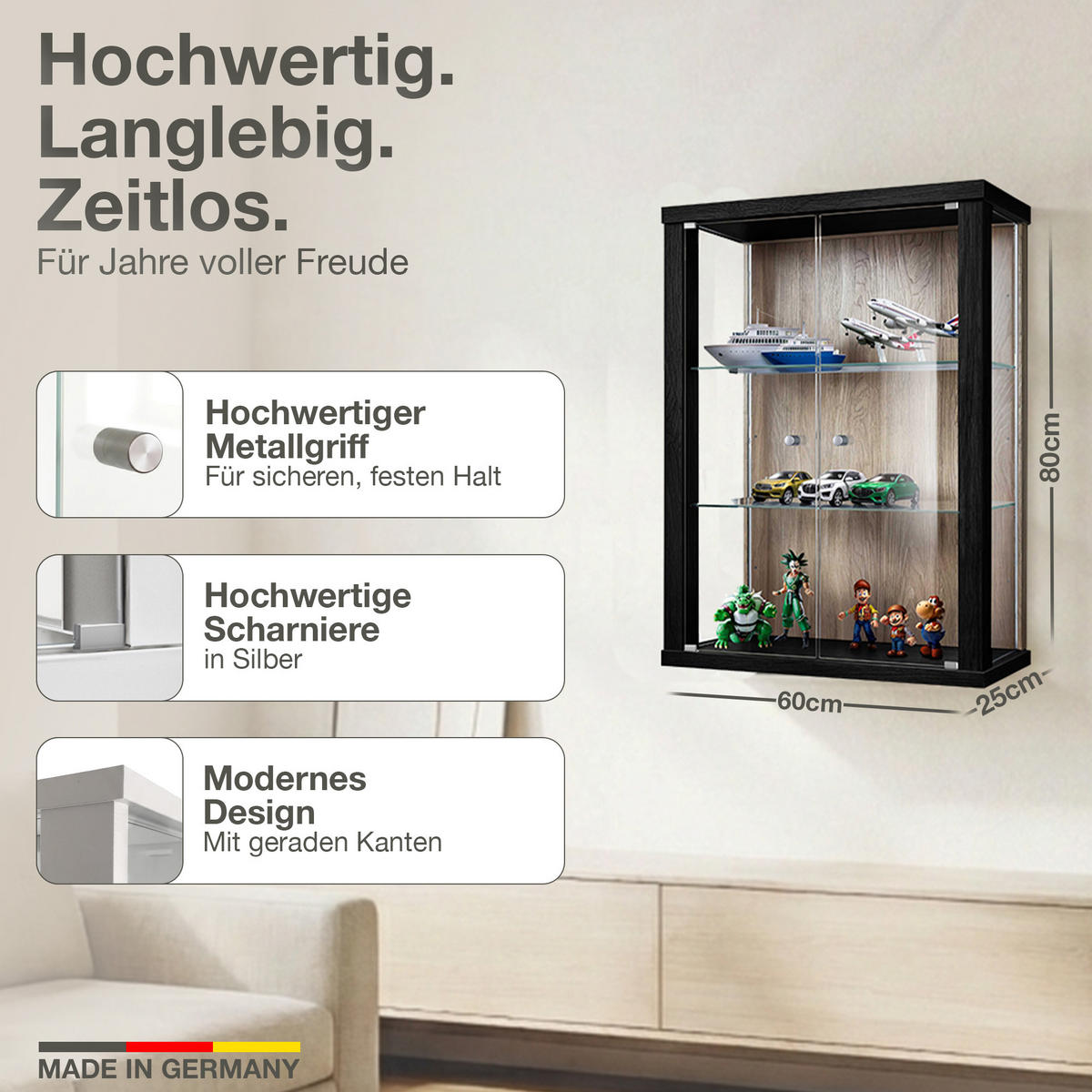 HÄNGEVITRINE 25/60/80 cm mit 2 höhenverstellbaren Glasböden - Transparent/Silberfarben, Glas/Holzwerkstoff (60/80/25cm) - K-Möbel
