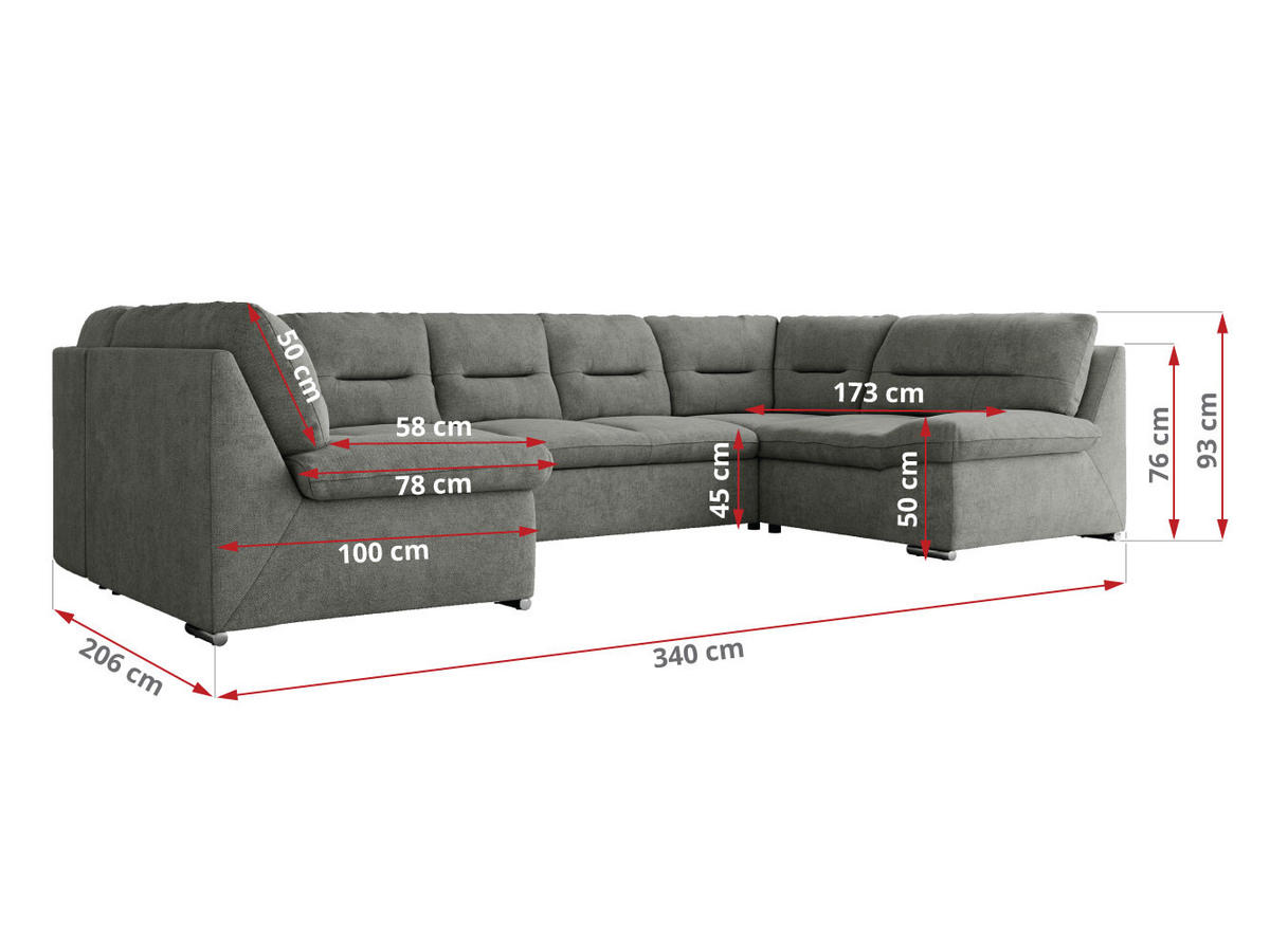WOHNLANDSCHAFT COMODO U Grau Struktur - Silberfarben/Grau, Textil/Metall (340/93/206cm) - MKS