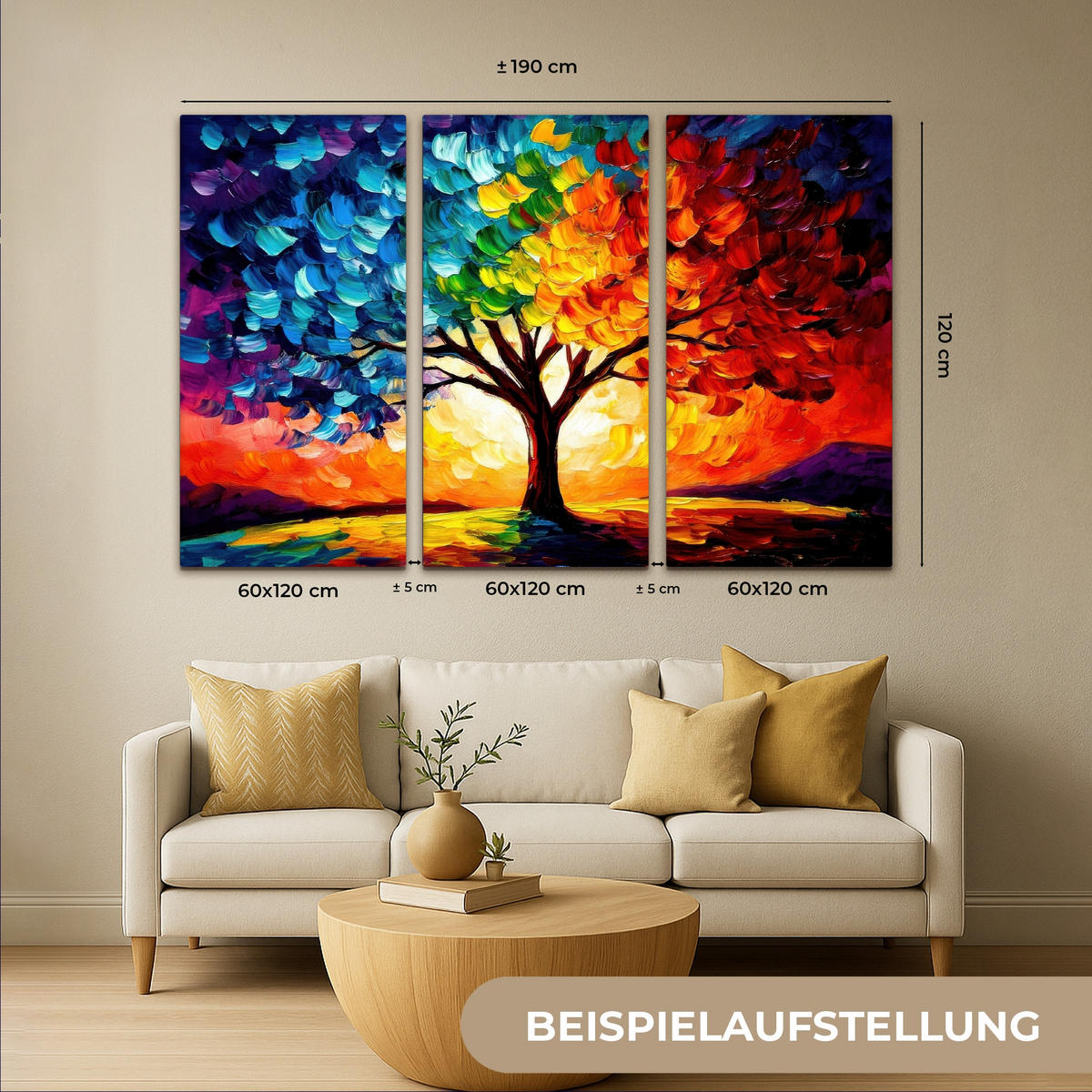 LEINWANDBILD 3er Set Baum - Farbenfroh - Malerei-Look - Abstrakt 180x120 cm - Multicolor, Textil (180/120cm) - MuchoWow
