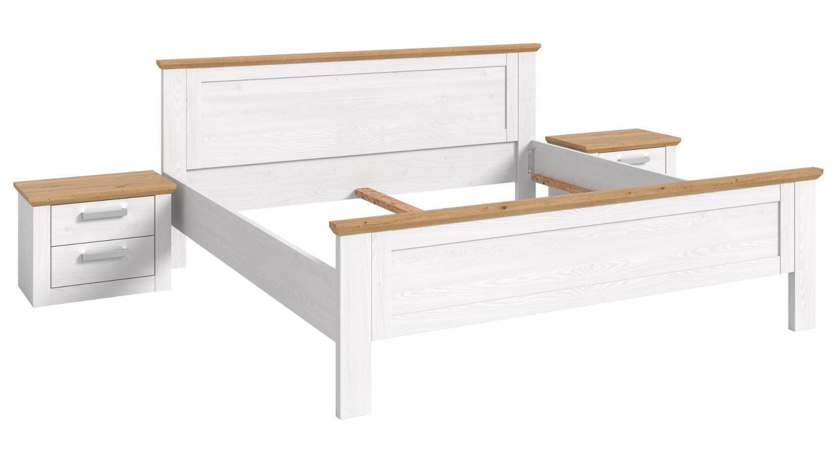 SCHLAFZIMMER weiß Lärche, Eiche Artisan Landhaus Set mit Bett 180 x 200 cm, 2x Nachttisch - Eichefarben/Silberfarben, Holzwerkstoff/Kunststoff (180/200cm) - Inn.Furn