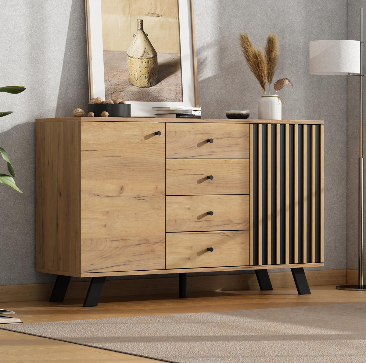 SIDEBOARD 120/38/75 cm z MDF, černá a přírodní, se 4 zásuvkami a 2 Sideboardmi - černá, kompozitní dřevo (120/75/38cm) - Modenvie