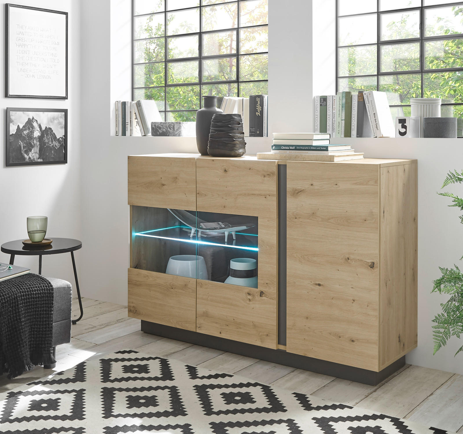 SIDEBOARD Eiche Artisan, Graphit grau 138 cm, Kommode mit Soft-Close - Eiche Artisan/Grau, Glas/Holz (138/91/40cm) - Furn.Design