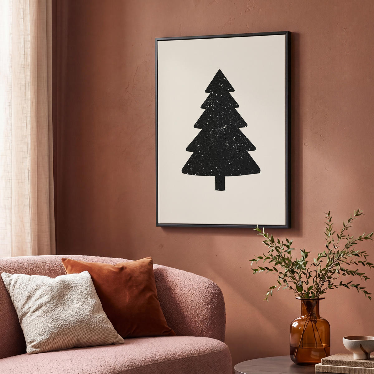 LEINWAND Bilder mit Rahmen - Weihnachtsbaum - Schwarz - Urlaub - Beige - 70x100 - Schwarz, Textil (70/100cm) - MuchoWow