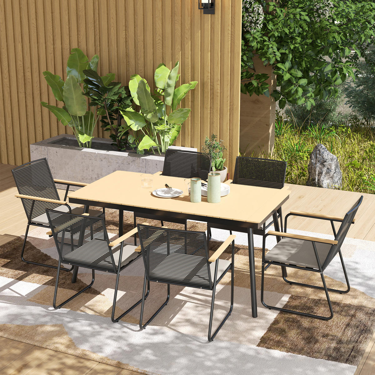 SITZGRUPPE 7-teilig Metall Essgruppe für 6 Personen Esstisch mit Tisch 6 Stühlen - Naturfarben, Metall - Outsunny