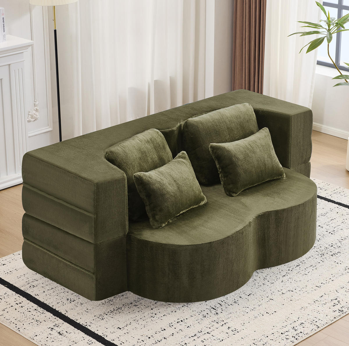SCHLAFSOFA aus Plüschstoff 2-in-1 mit 4 Kissen, faltbar und multifunktional, Grün - Grün, Kunststoff (198/76/60cm) - Redom