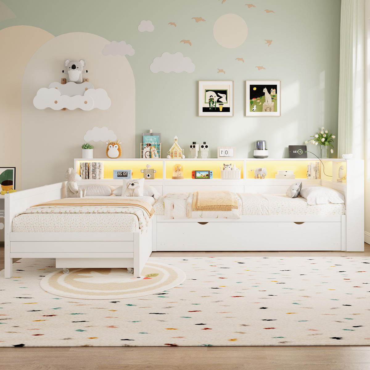 KINDERBETT 90/200 cm DE-03375, mit L-förmig, Ausziehbett, Ablagefächern und LED, in Weiß - Weiß, Holzwerkstoff (90/200cm) - ComfortXL