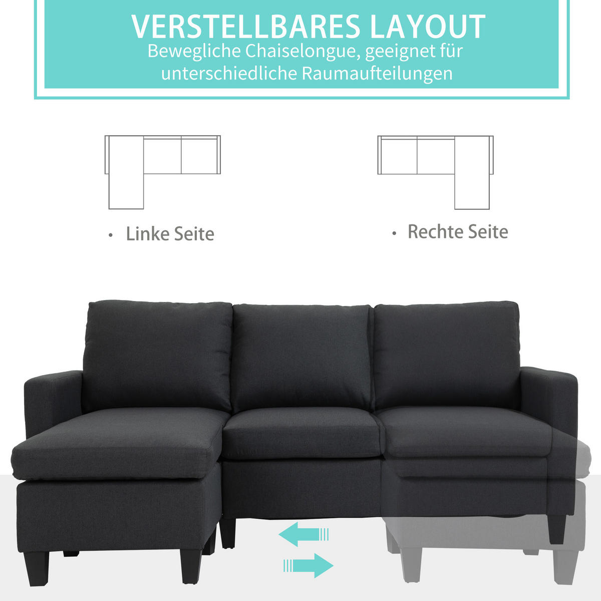 ECKSOFA L-Form Couchgarnitur mit wendbarer Chaiselongue Leinen - Dunkelgrau/Schwarz, Kunststoff/Textil (139/197cm) - HOMCOM